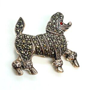 VINTAGE 925 STERLING SILVER Marcasite Dog Brooch Red Eye Figural Pin Poodle
